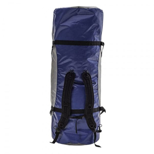 The AIRE Kayak Bag is a large, cylindrical blue and gray bag with black straps and backpack-style shoulder straps, perfect for carrying your inflatable kayak.