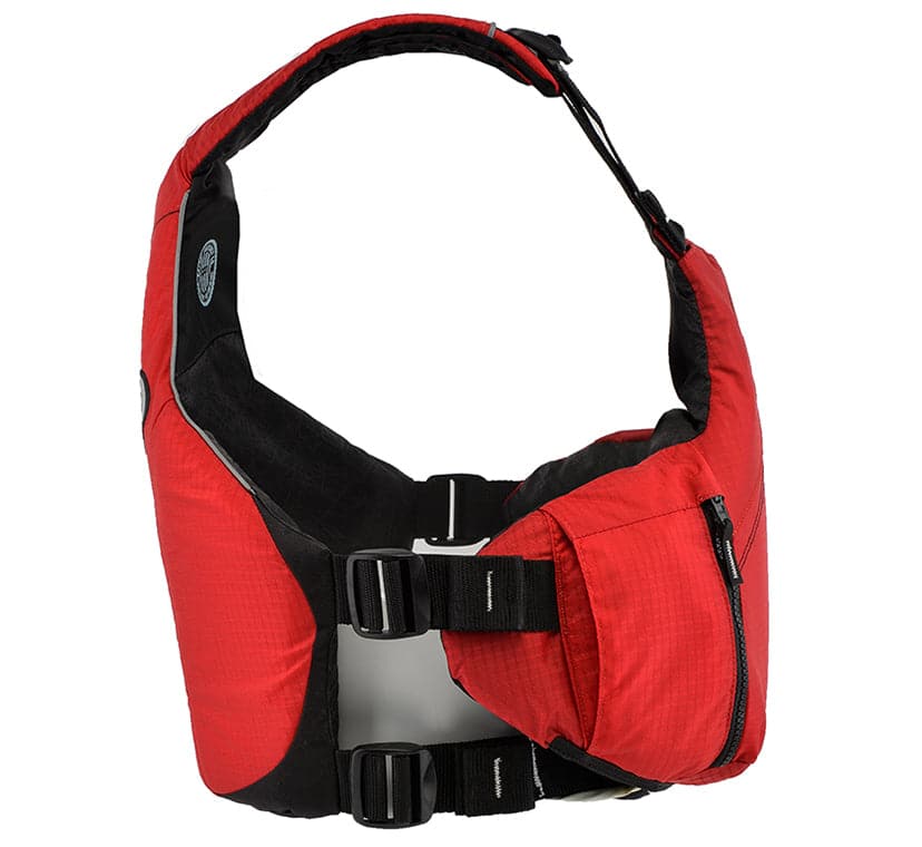 Sentence with replacement: Astral YTV PFD (2023) designed for paddle boarders, red and black life jacket isolated on a white background.