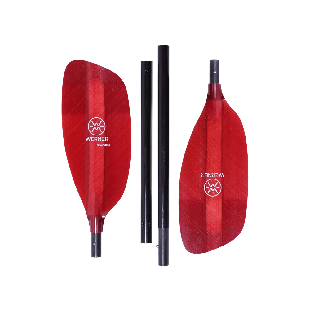 The Werner Paddles Powerhouse 4-Piece kayak paddle features two red blades and two black connecting rods on a black background, ideal for whitewater enthusiasts seeking the ultimate creeking and river running experience.