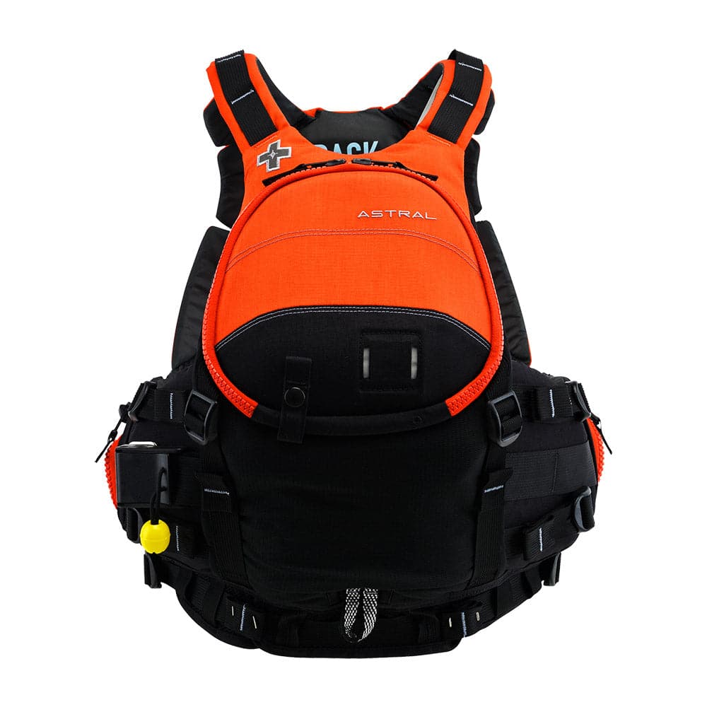 The GreenJacket Rescue PFD by Astral is an orange and black life jacket featuring multiple straps and pockets for safety and utility. This Class V PFD provides top-tier protection for all your adventures.