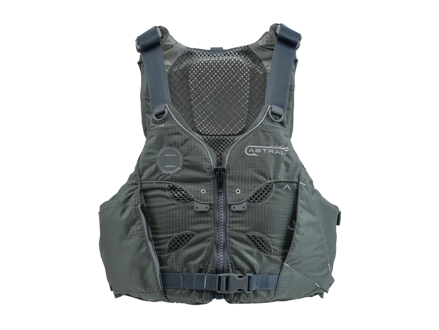 Featuring the V-Eight Fisher PFD fishing pfd, men's pfd, women's pfd manufactured by Astral shown here from one angle.