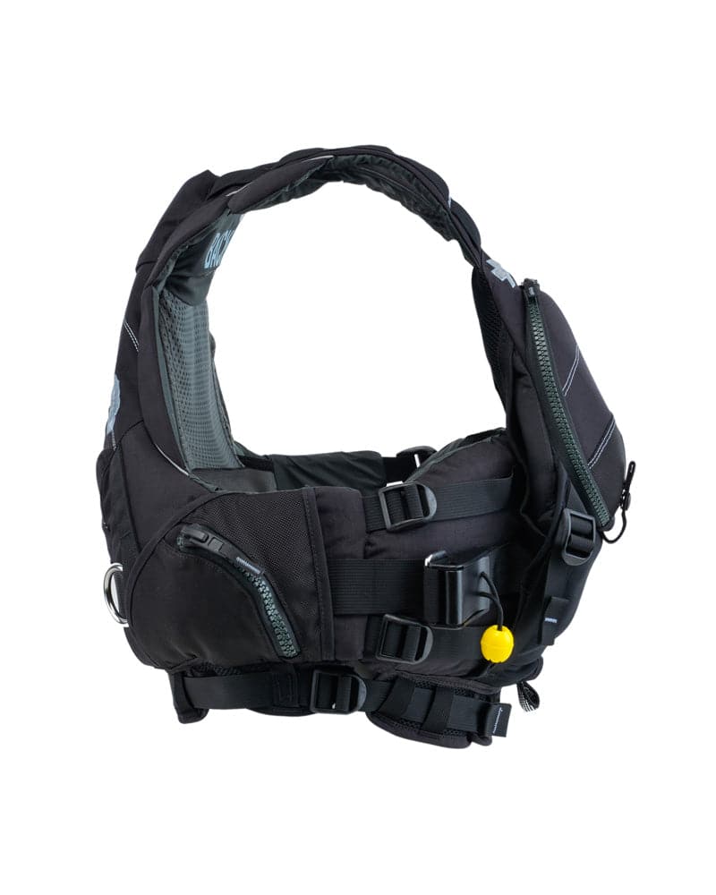 The GreenJacket Rescue PFD by Astral is a black buoyancy control device featuring multiple adjustable straps, pockets, and a visible yellow knob on the right side for enhanced safety.