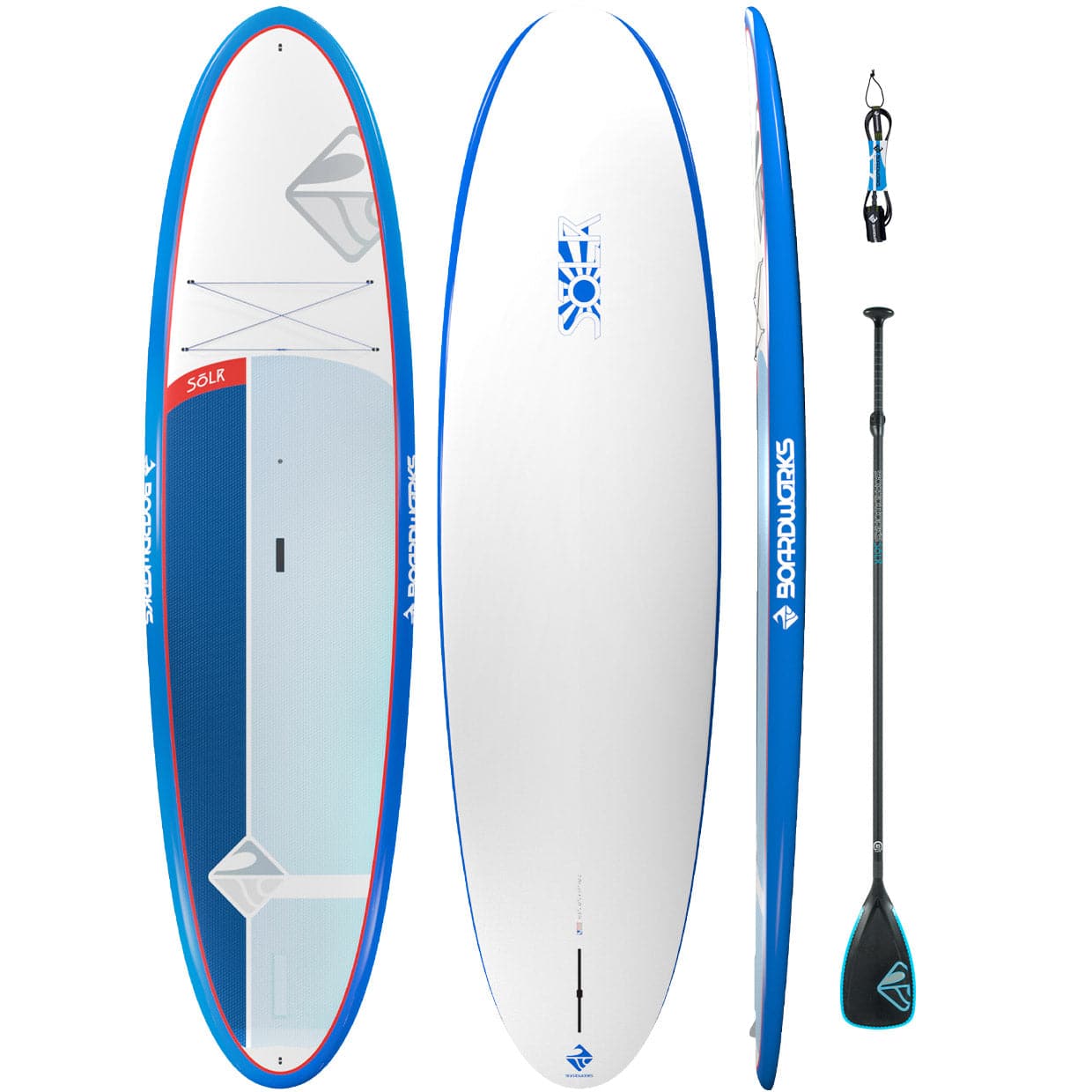 Featuring the Solr 10'6 SUP Package rigid sup manufactured by Boardworks shown here from a fourth angle.
