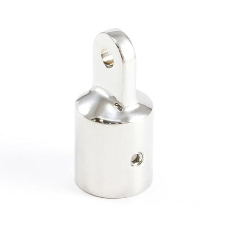 The Coyote River Gear Bimini Eye End Fitting is a stainless steel attachment for 7/8" OD tubing, featuring a vertical loop and two side holes for connecting or hanging, all displayed on a pristine white backdrop.