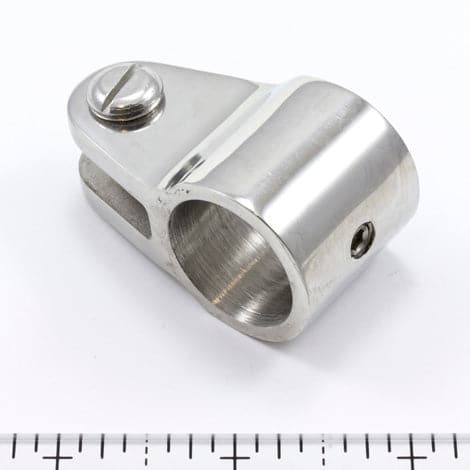 Stainless steel Bimini Jaw Slide, designed by Coyote River Gear, features a cylindrical body and flat top with a screw, compatible with 7/8" OD tubing. It includes a side opening for easy access and a ruler at the bottom for scale.