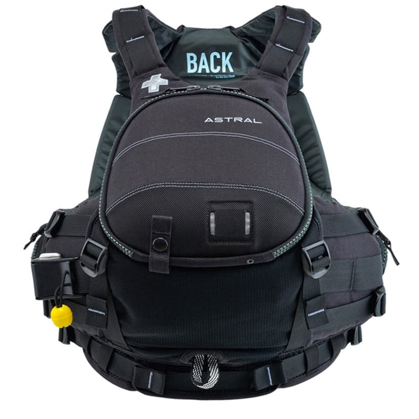 A black Astral GreenJacket Rescue PFD, echoing the Freestyle Tectonic style, features multiple pockets and straps, artistically showcased against a plain backdrop.