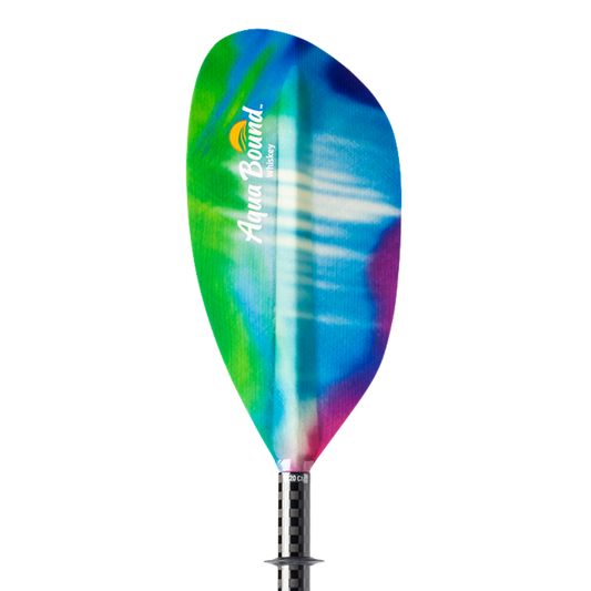 Featuring the Whiskey 2-Piece Paddle fishing kayak paddle, fishing paddle, ik paddle, pack raft paddle, touring / rec paddle manufactured by AquaBound shown here from a third angle.