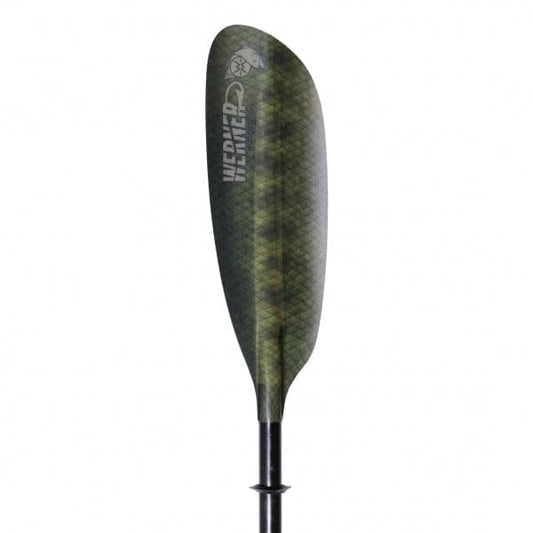 The Camano Adjustable by Werner Paddles features a green paddle with a camouflage pattern, elegantly displaying the brand logo near the top of its low-angle blade. It offers adjustable length for versatile paddling needs.