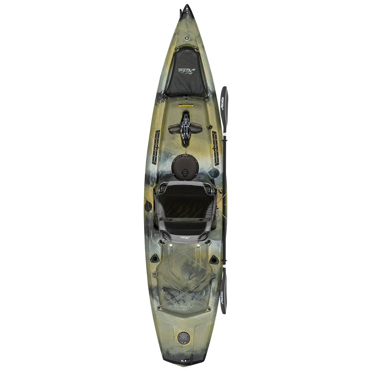 Featuring the Mirage Compass 12 fishing kayak, pedal drive kayak manufactured by Hobie shown here from a third angle.