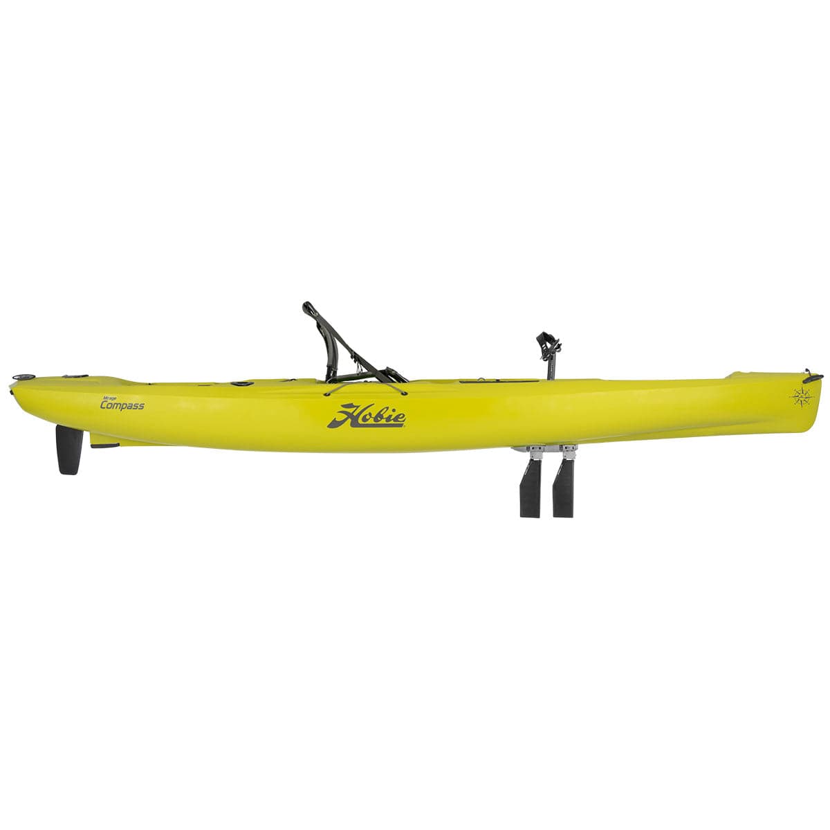 Featuring the Mirage Compass 12 fishing kayak, pedal drive kayak manufactured by Hobie shown here from a fourth angle.