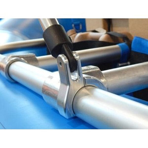 A close-up of a CNC machined aluminum clamp secures two aluminum poles, set against a blue surface with brown leather straps in the background. This premium Down River Equipment Bimini Mounts solution ensures durability and stability in any setting.
