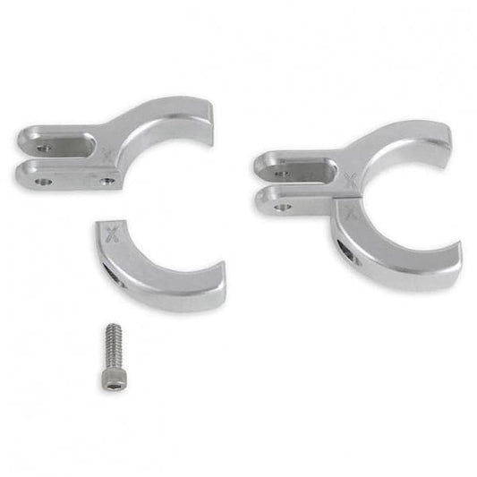 Two Down River Equipment Bimini Mounts, aluminum U-shaped brackets with screw holes, plus a small screw below.