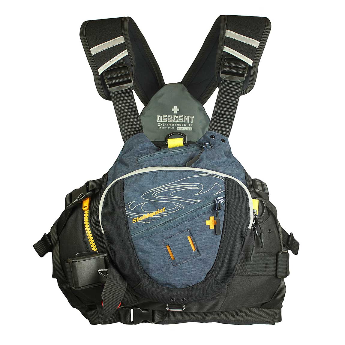 Featuring the Descent Rescue PFD gift for kayaker, gift for rafter, rescue pfd manufactured by Stohlquist shown here from a second angle.