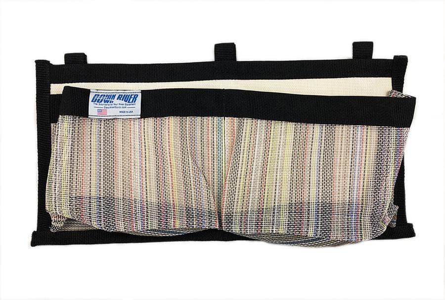 A black and multicolored striped mesh Drink Holder with a Down River Equipment label, ideal for enhancing your boat accessories.