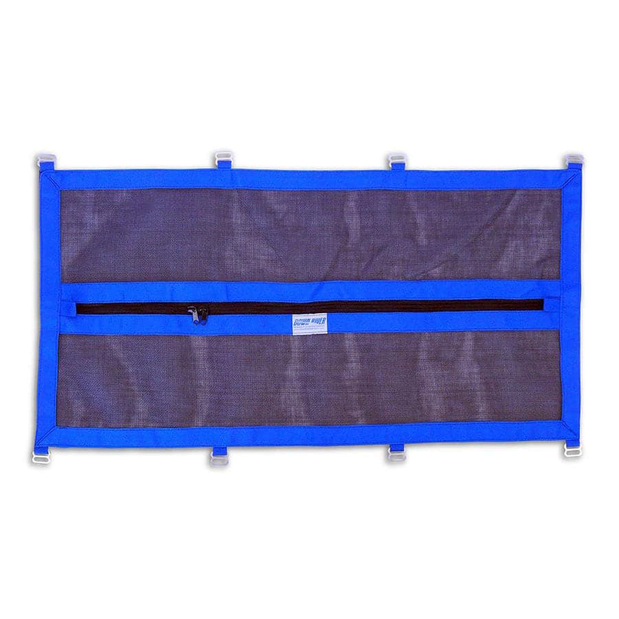 The Drop Bag Lids by Down River Equipment feature heavy-duty PVC mesh with a blue border, central zippered pocket, and metal hooks along the top and sides. Reinforced with poly-webbing for added durability.