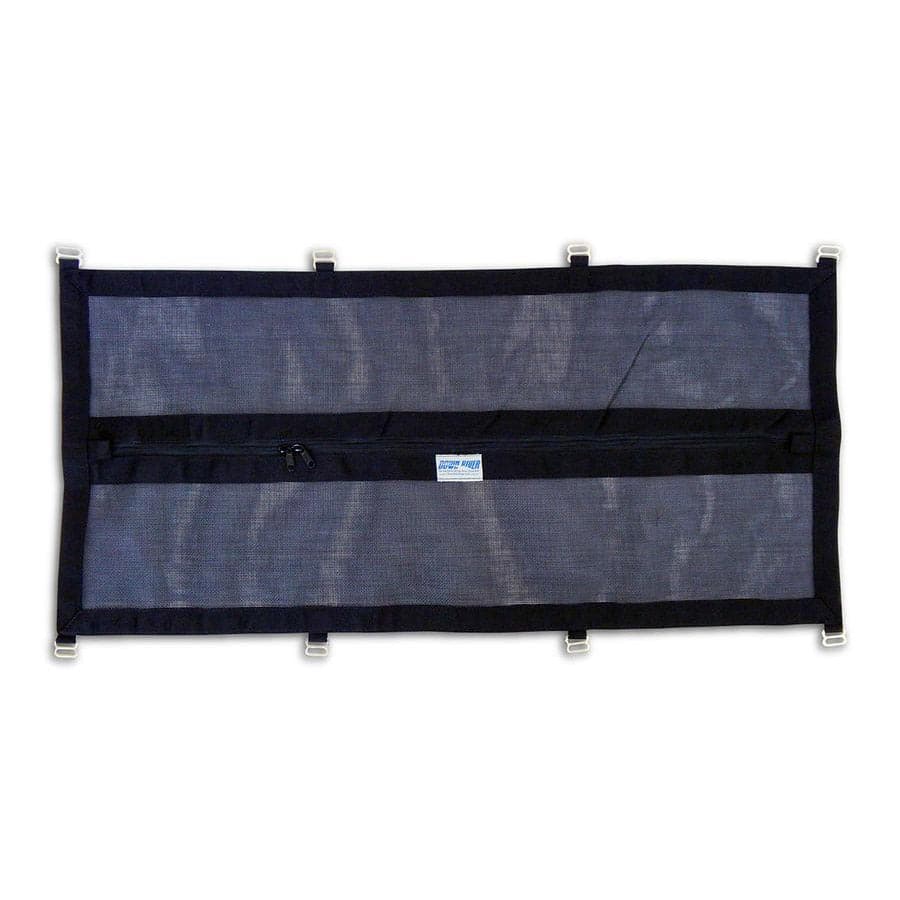 Down River Equipment's Drop Bag Lids have a black rectangular PVC mesh screen, reinforced with poly-webbing and metal clips on edges. A central zipper provides ventilation or protection, making these heavy-duty lids durable and functional.