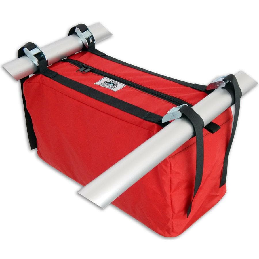 Down River Equipment's Captain's Bag is a red, rectangular design made from durable pack cloth with a top zipper and black straps attached to two silver rods.