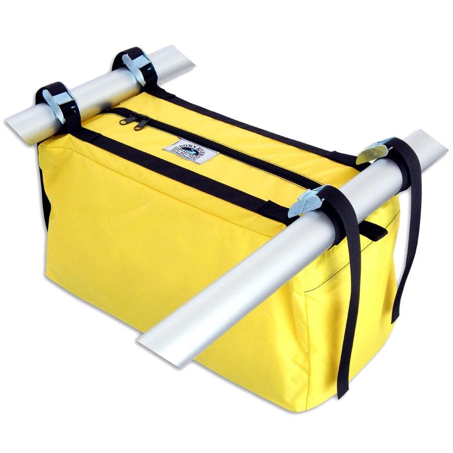 The Captain's Bag from Down River Equipment is a durable yellow pack cloth rectangle with black trim, featuring a front zipper pocket and two silver rods on top secured by black straps with light blue clips—ideal for rafting adventures.