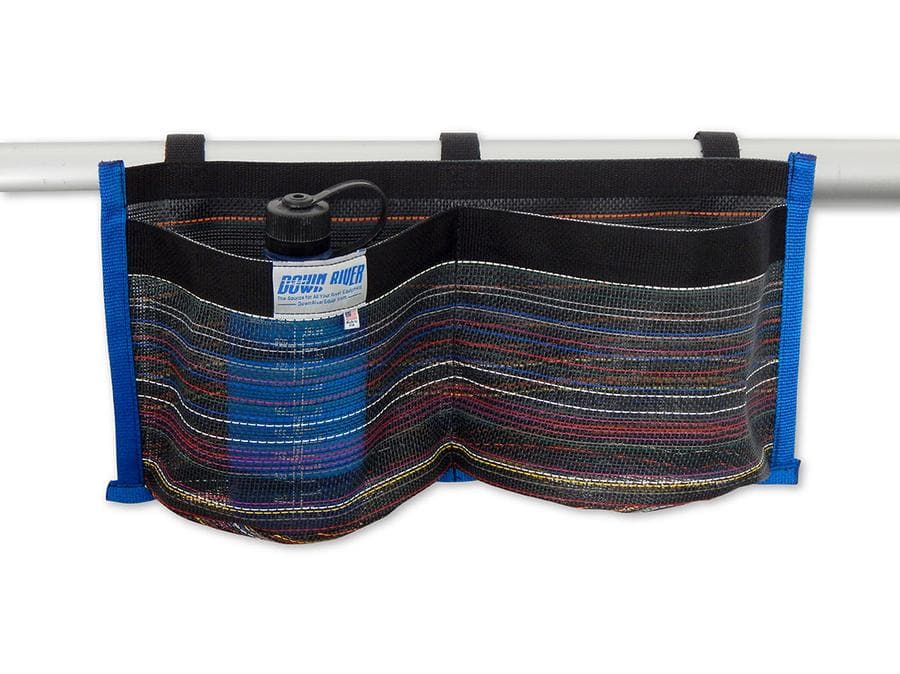 The Down River Equipment Drink Holder is a hanging storage pouch with colorful stripes, ideal for boat accessories. It securely attaches to a horizontal rod using three sturdy Velcro straps, ensuring stability in choppy waters and fits a water bottle.