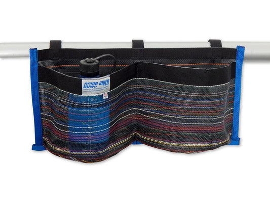 The Down River Equipment Drink Holder is a hanging storage pouch with colorful stripes, ideal for boat accessories. It securely attaches to a horizontal rod using three sturdy Velcro straps, ensuring stability in choppy waters and fits a water bottle.