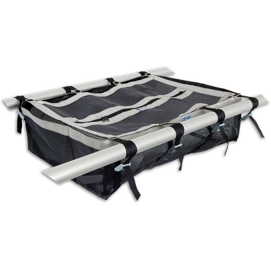 The Down River Equipment Drop Bag Lids are rooftop cargo carriers made from heavy-duty PVC mesh and strong straps reinforced with poly-webbing, securely designed to hold gear on top of a vehicle.