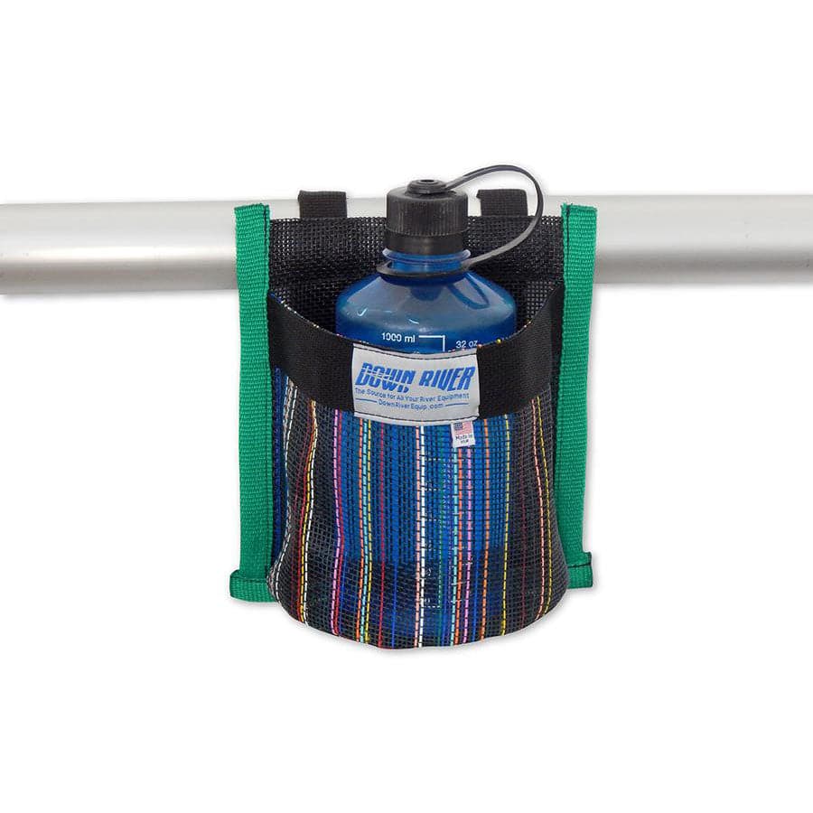 A Down River Equipment Drink Holder secures a blue water bottle in a striped fabric holder to a horizontal metal bar with green Velcro straps, making it an ideal boat accessory.
