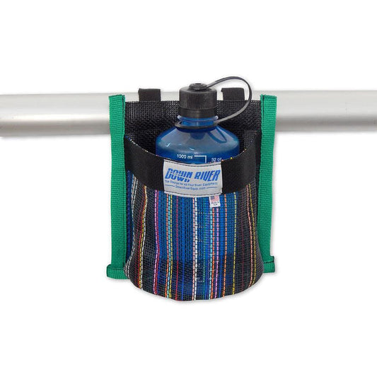 A Down River Equipment Drink Holder secures a blue water bottle in a striped fabric holder to a horizontal metal bar with green Velcro straps, making it an ideal boat accessory.