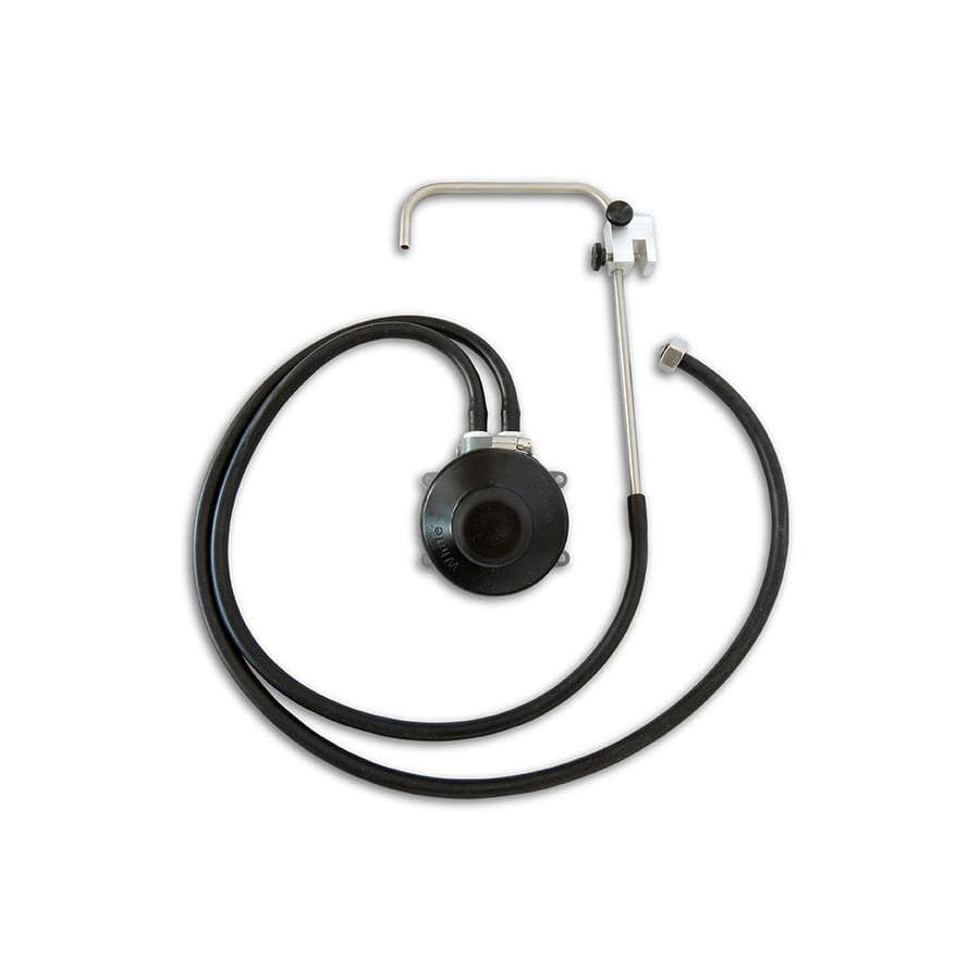 The Down River Equipment Handwash Station features a flexible hose with metal fittings and an attached round black component, perfect for foot pump-operated hand washing during raft camping, displayed on a white background.