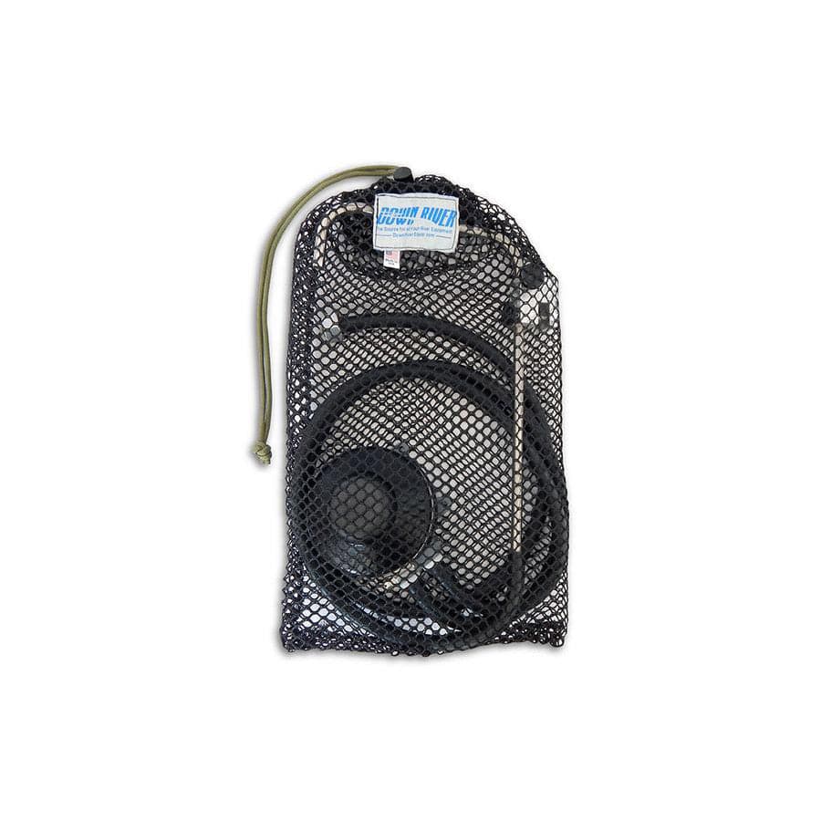 A mesh bag with a black river tube and green drawstring cord, ideal for raft camping trips, has a label attached at the top.