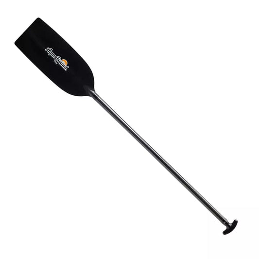 The AquaBound Edge Raft / Canoe Paddle is a single black and silver whitewater paddle featuring a carbon shaft, straight design, wide blade, T grip, and a logo near the top of the blade.