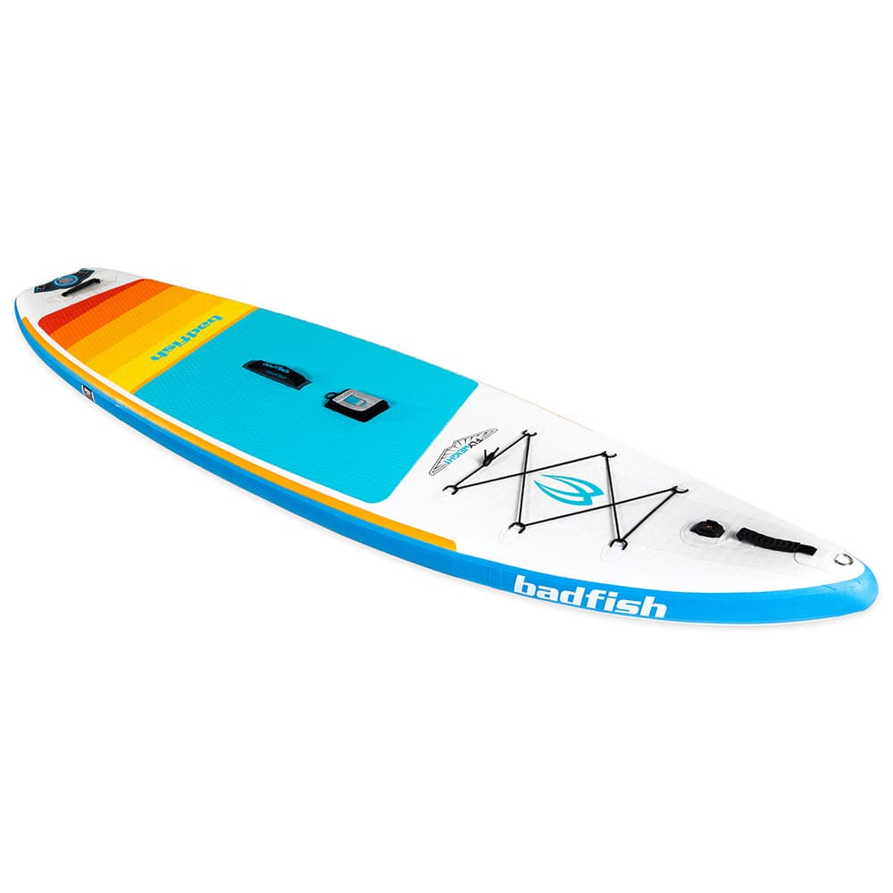 Featuring the Flyweight Package inflatable sup manufactured by Badfish shown here from a fourth angle.