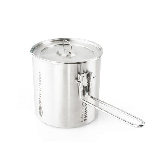 The Glacier Explorer Set by GSI Outdoors includes a steel cooking pot with a lid and foldable handle, perfect for lightweight backcountry stove adventures.
