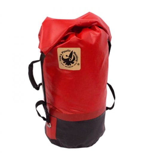 The Outfitter Dry Bag by Jacks Plastic Welding is a rugged red and black waterproof bag, featuring a logo, welded 18oz PVC construction, roll-top closure, and shoulder straps for ultimate durability.