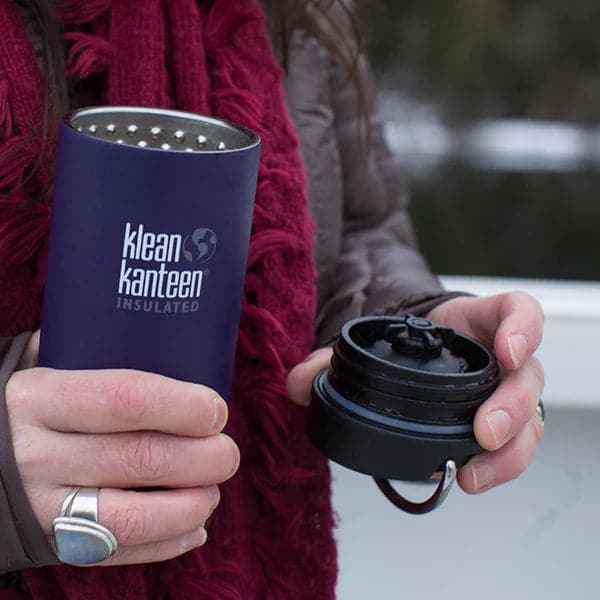 Featuring the Café Cap TKWide camp, camp cup, dishes, kitchen, replacement lid manufactured by Klean Kanteen shown here from a fourth angle.