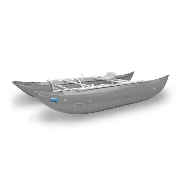 Featuring the Leopard 18' Cataraft cataraft manufactured by AIRE shown here from an eighth angle.
