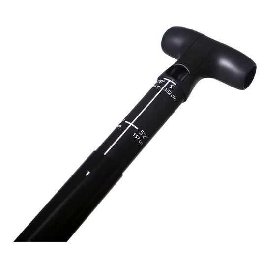 The Werner Paddles Session Whitewater Adjustable SUP Paddle features a T-shaped handle and displays height measurements in inches and centimeters.