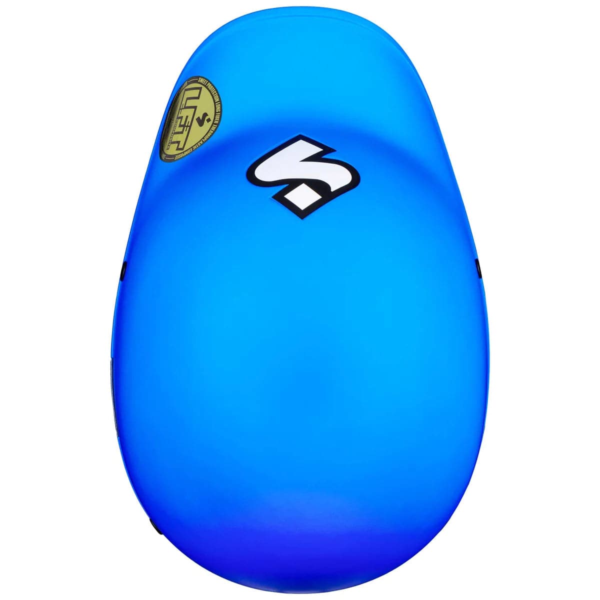 The blue oval Strutter Helmet by Sweet Protection, with a white 'S' logo and gold emblem on top, showcases its sleek design made from carbon fiber-reinforced materials.