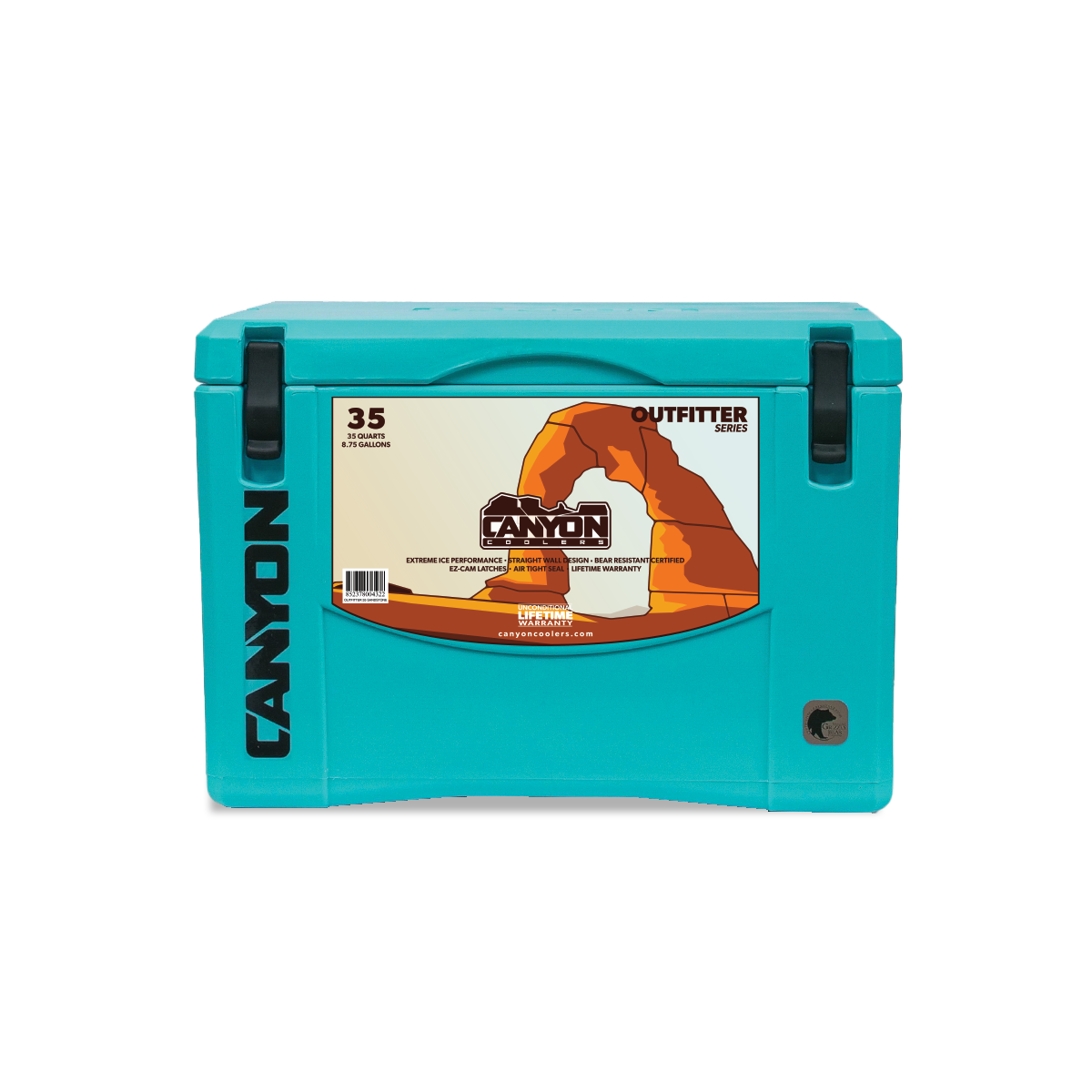 Featuring the Outfitter Series Coolers cooler, update mayan blue manufactured by Canyon shown here from a fourth angle.