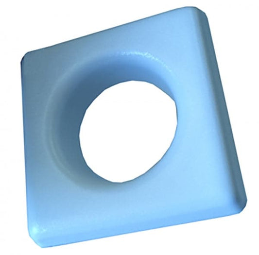 A blue square foam ring with a circular hole serves as a replacement seat for the Coyote River Gear Coyote Toilet System.