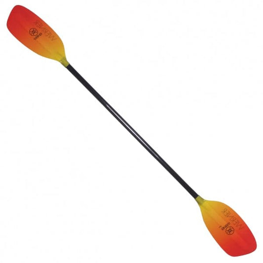 Introducing the Werner Paddles "Player," a high-performance whitewater kayak paddle with an impressive catch. It features a sleek black shaft and vibrant red-orange blades, ideal for play boating enthusiasts who appreciate both performance and style in every stroke.