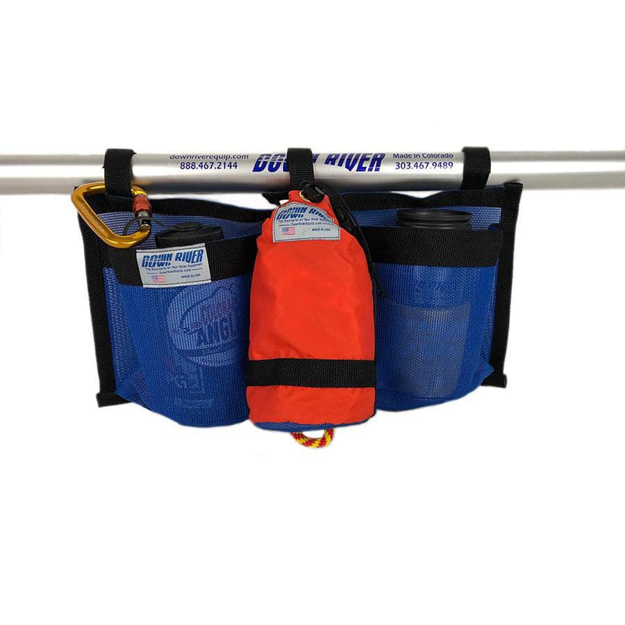 The blue mesh gear bag, secured with Velcro straps to a bar labeled "Down River Equipment," holds a coiled rope, carabiner, and boat accessories in multiple compartments.
