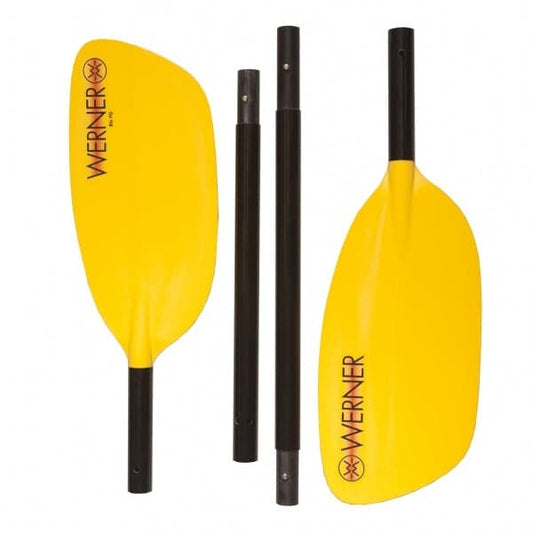 The Rio 4-Piece Paddle by Werner Paddles is a yellow kayak paddle with black shafts and a 4-piece breakdown design, featuring the Werner logo on fiberglass reinforced nylon blades. Ideal for any whitewater adventure.