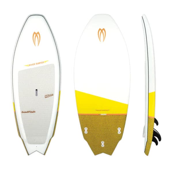 Featuring the River Surfer 104 river surfing, whitewater sup manufactured by Badfish shown here from a second angle.