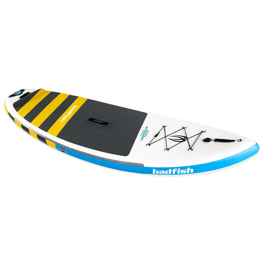 Featuring the Rivershred 2.0 inflatable sup, river surfing, whitewater sup manufactured by Badfish shown here from a fourth angle.