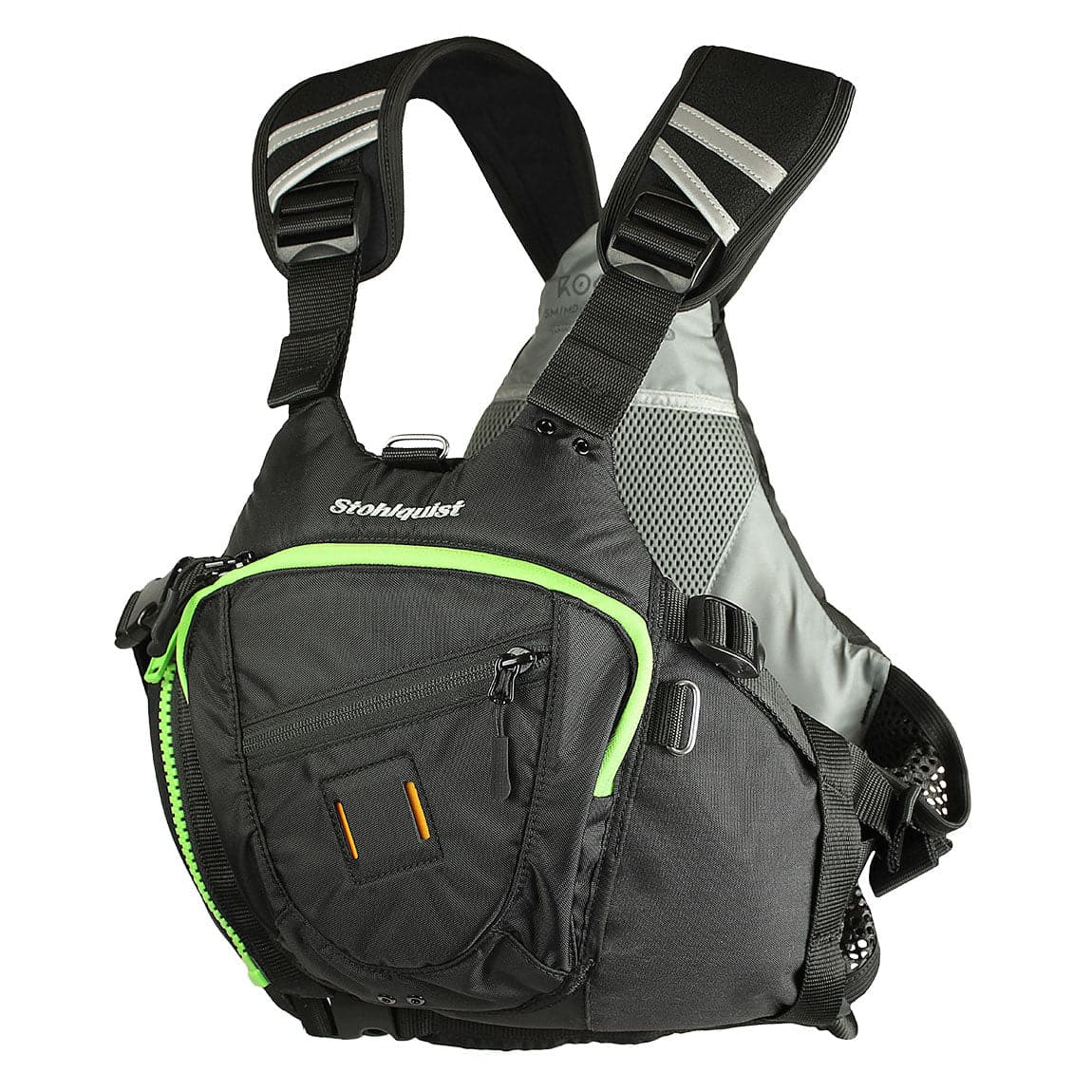 Featuring the Rocker PFD gift for kayaker, gift for rafter, men's pfd manufactured by Stohlquist shown here from one angle.