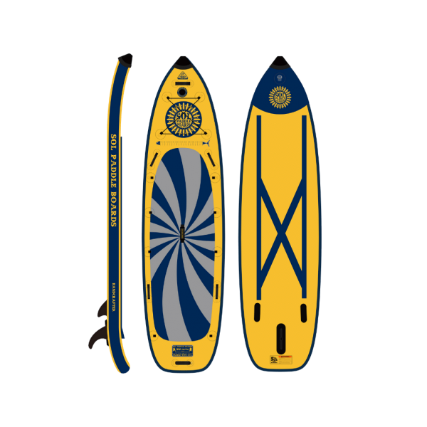 Three views of a yellow and blue SOLsumo Inflatable SUP featuring detailed graphics and design elements, shown on a transparent background.