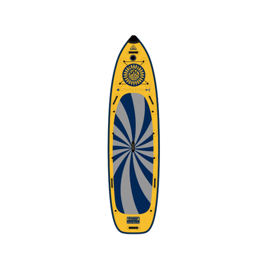 Illustration of a SOL inflatable yellow and blue stand-up paddleboard with a geometric design, viewed from above against a black background.
