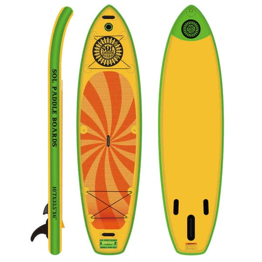 The SOL Paddle Boards SOLtrain is a durable and stiff stand-up paddleboard featuring a yellow and green design with a sunburst pattern and logo, shown in three views.