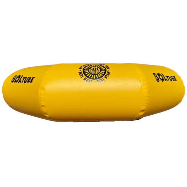 The yellow inflatable SOLtube from SOL Paddle Boards is made of military-grade PVC, has black text and logos reading "SOLtube" and "Wahine Women's Pro," and features advanced welded seam technology for enhanced durability.