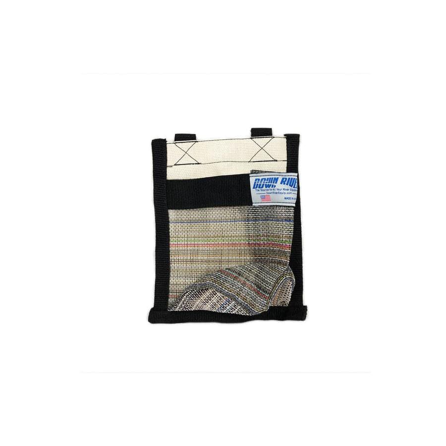 A woven fabric tool bag edged in black, featuring a small pocket with a product tag and secured by Velcro straps. Product: Drink Holder by Down River Equipment.